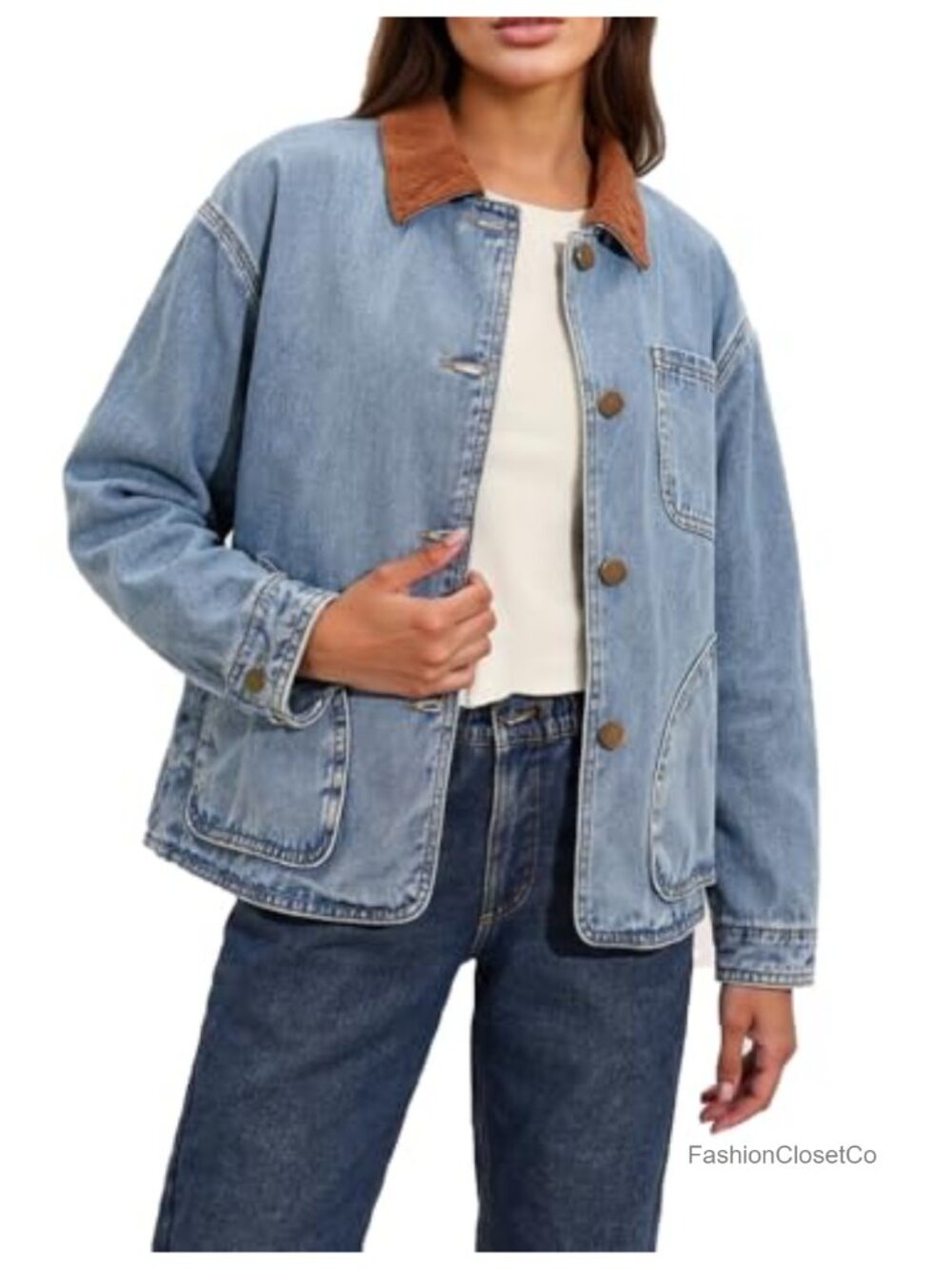 Oversized Denim Jacket for Women Corduroy Collar Boyfriend Fit Long Sleeve
